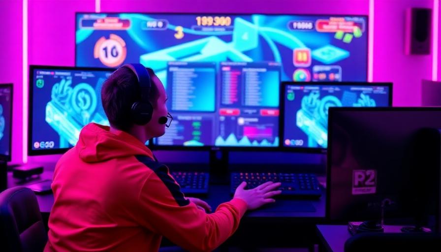 Gamer achter PC met meerdere schermen verdient geld met gaming