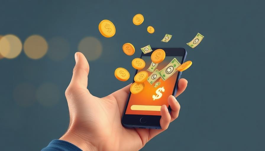 Hand met smartphone waaruit geld en munten stromen