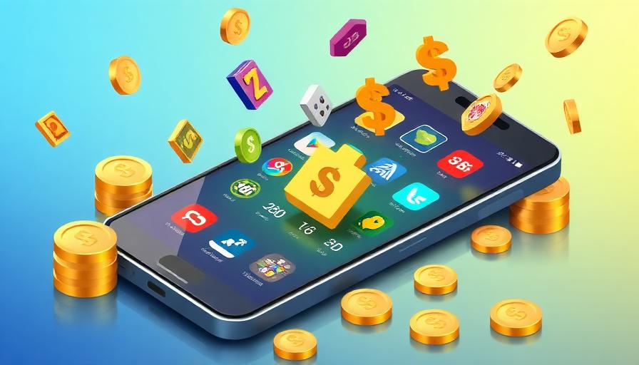 Smartphone met game apps en geldmunten voor spelletjes apps
