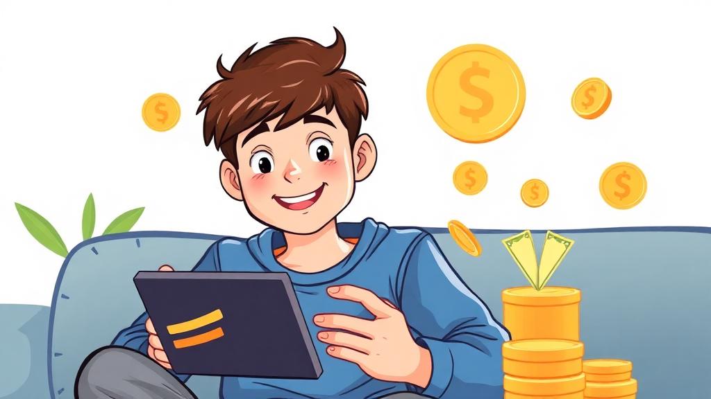 Teenager safely earning money online with tablet under parental supervision