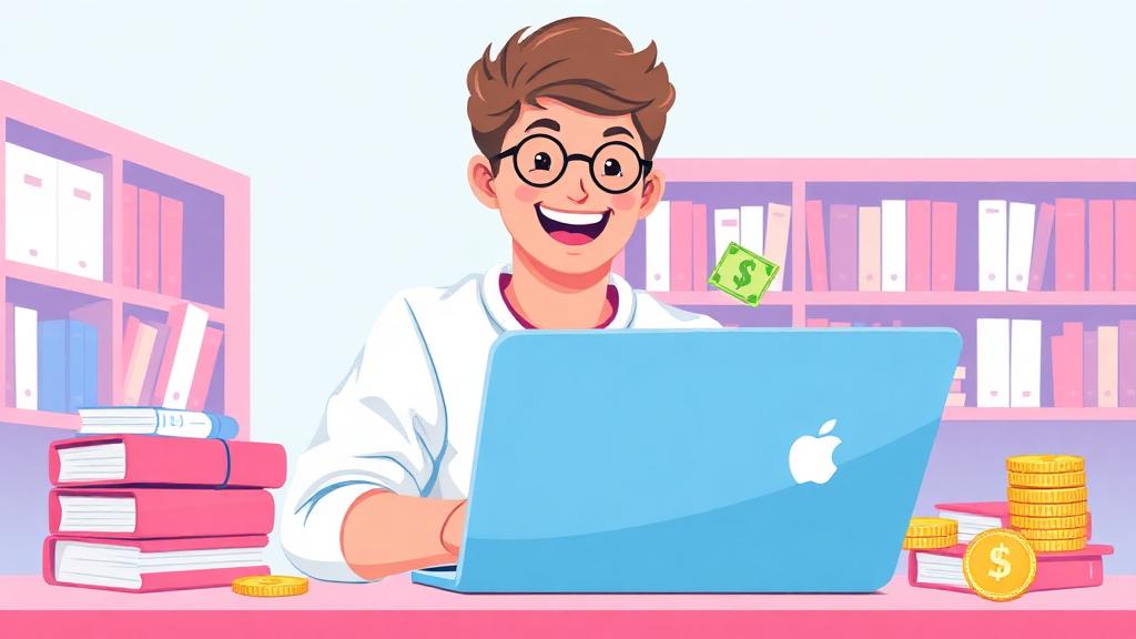 Student earning money online with laptop next to study books